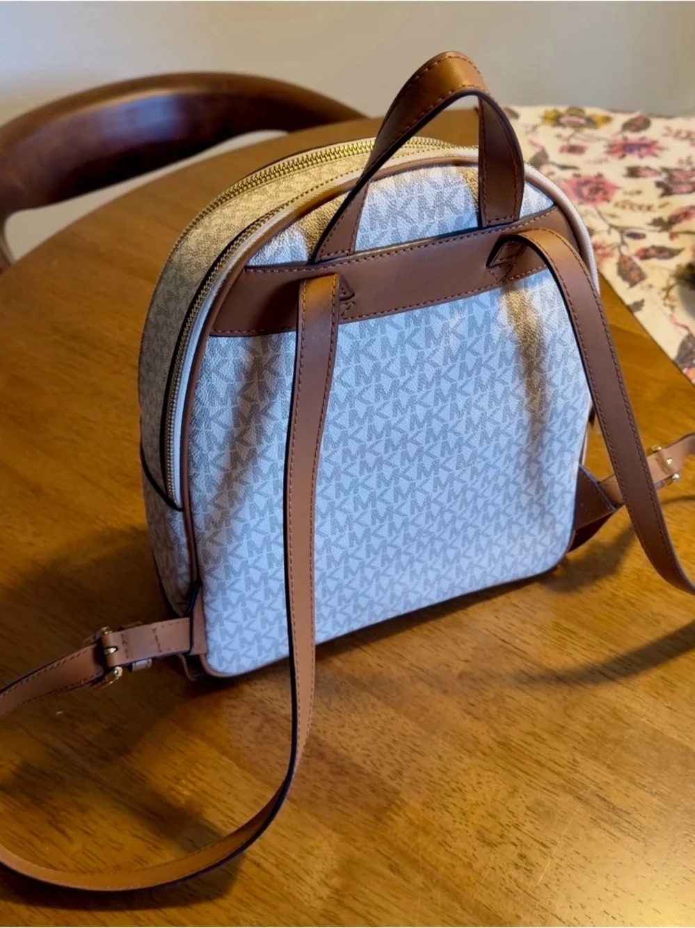 Michael Kors White and Brown Signature Mini Backpack